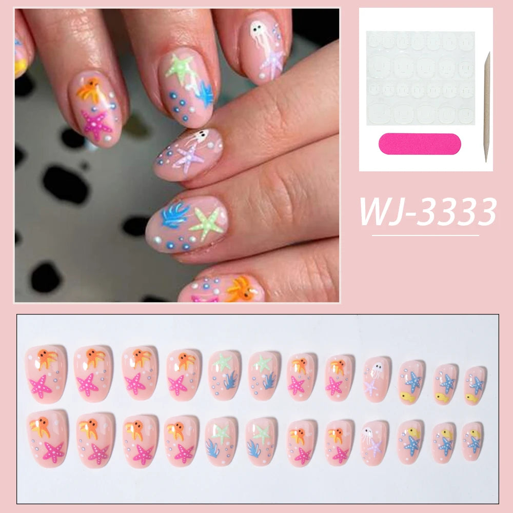 24pcs Short Oval 3D Gel Nail Stickers, Create Pearl Flower Nail Art, French Acrylic Press-On Nails, Short Size Perfectly Fit Fal