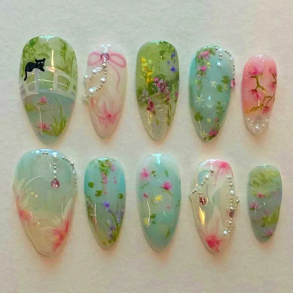 24Pcs White Almond False Nails Ballet with French Design Wearable Fake Nails Gradient Simple Full Cover Press on Nail Tips Art