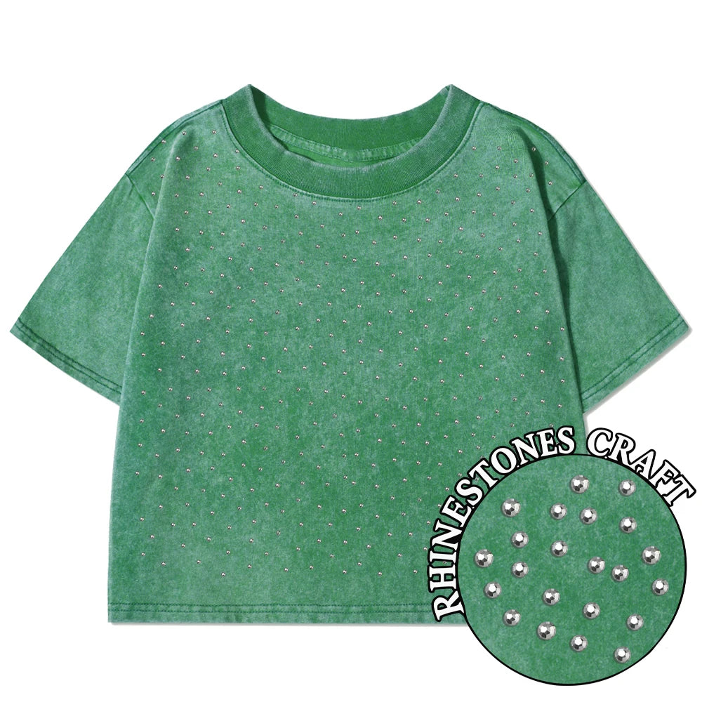 Solid Color Slim Washed T-Shirt Women Fashion Soft Cotton Tee Shirt Rhinestone Craft Short Sleeve Cool Clothing Female