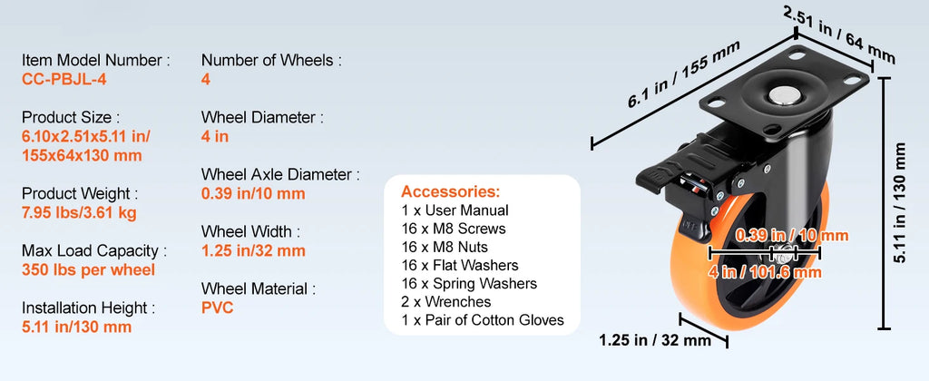 SucceBuy 2-6in PVC Furniture Caster Wheels Set of 4 Swivel Plate Casters with Security A/B Lock Non-Marking for Cart Workbench