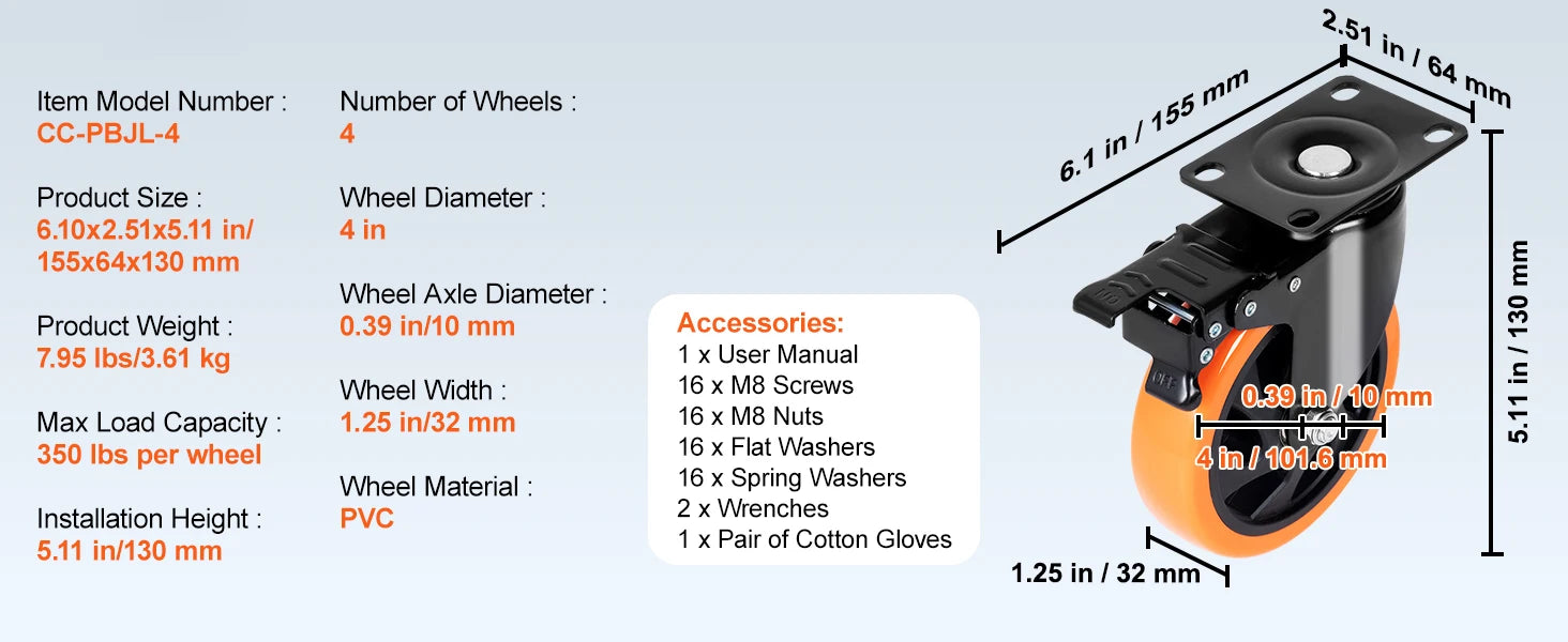 SucceBuy 2-6in PVC Furniture Caster Wheels Set of 4 Swivel Plate Casters with Security A/B Lock Non-Marking for Cart Workbench