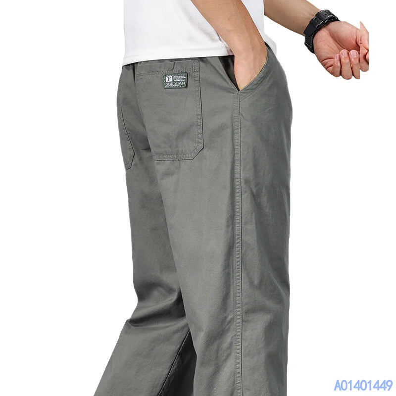 Big Size Mens Casual Pants Relaxed Fit Cotton Trousers Elastic Waist Drawstring Sweatpants Mens Jogger Pants Summer Spring