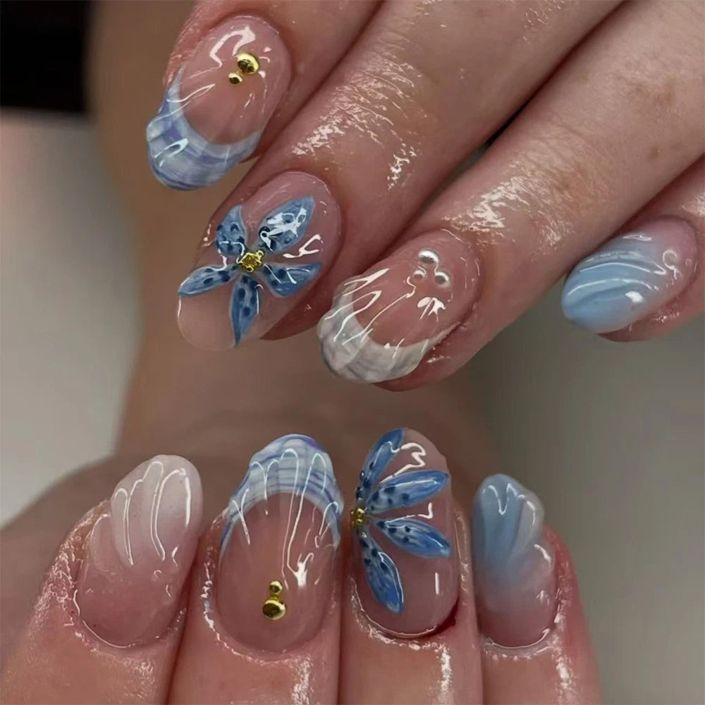 24pcs Short Oval 3D Gel Nail Stickers, Create Pearl Flower Nail Art, French Acrylic Press-On Nails, Short Size Perfectly Fit Fal