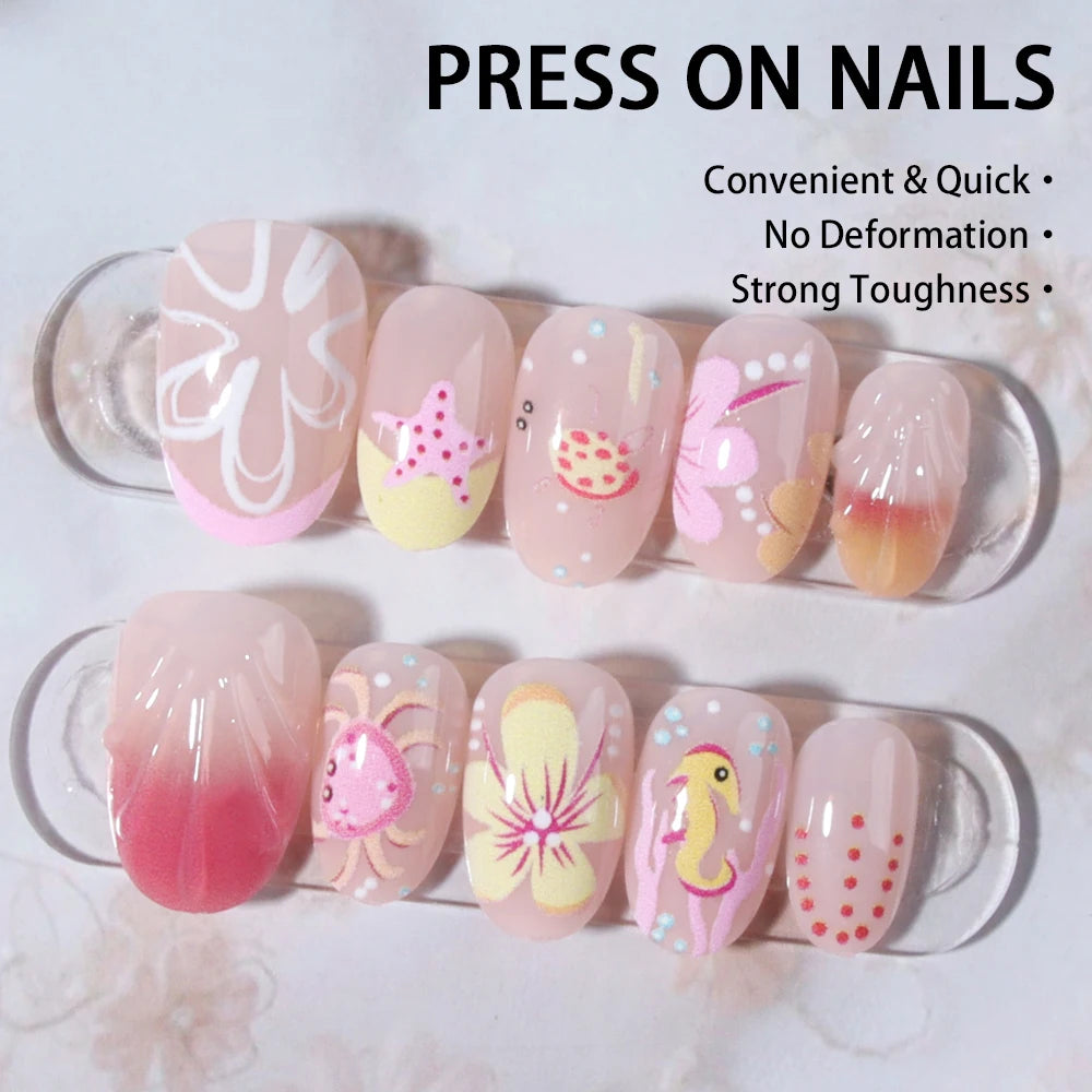 24pcs Short Oval 3D Gel Nail Stickers, Create Pearl Flower Nail Art, French Acrylic Press-On Nails, Short Size Perfectly Fit Fal
