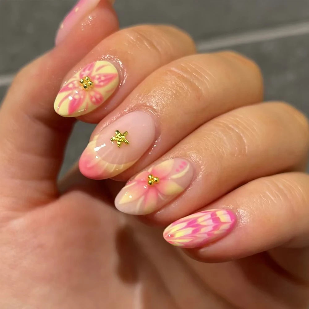 24pcs Short Oval 3D Gel Nail Stickers, Create Pearl Flower Nail Art, French Acrylic Press-On Nails, Short Size Perfectly Fit Fal