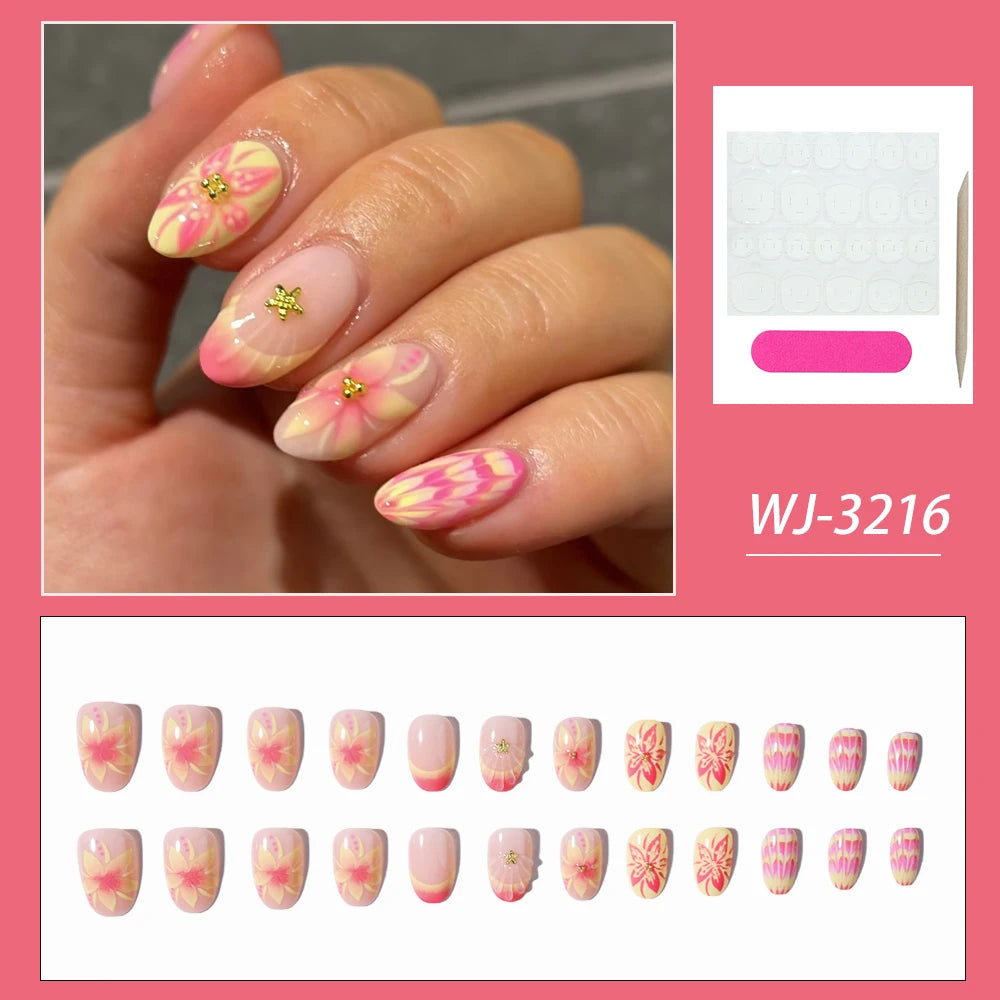 24pcs Short Oval 3D Gel Nail Stickers, Create Pearl Flower Nail Art, French Acrylic Press-On Nails, Short Size Perfectly Fit Fal