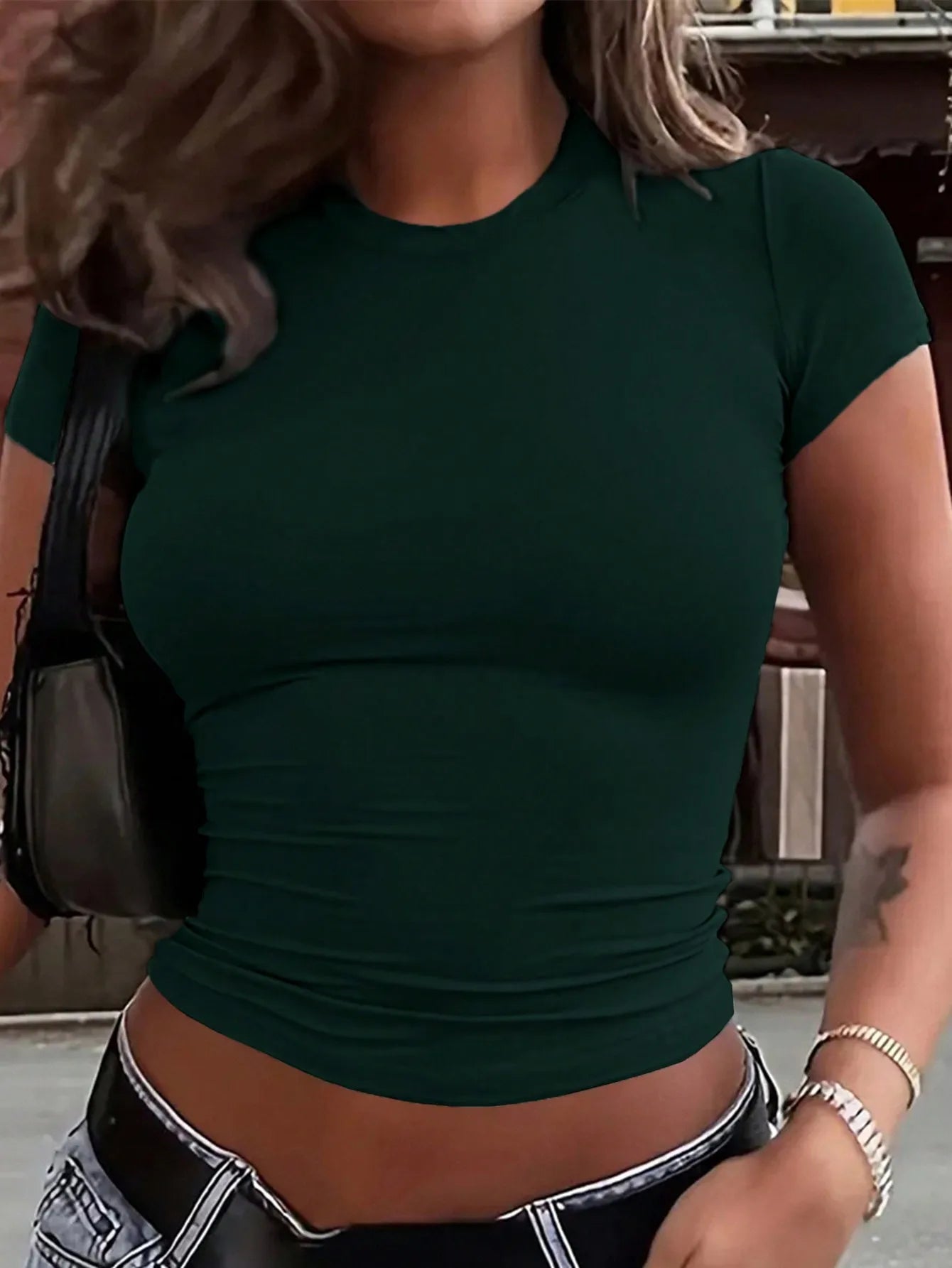 Women's Navy Blue Fitted Short Sleeve Round Neck Casual T-Shirt