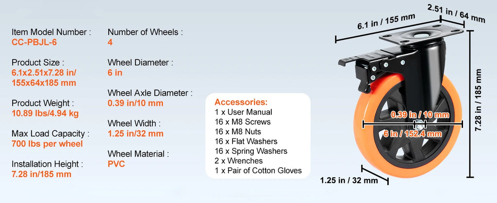 SucceBuy 2-6in PVC Furniture Caster Wheels Set of 4 Swivel Plate Casters with Security A/B Lock Non-Marking for Cart Workbench